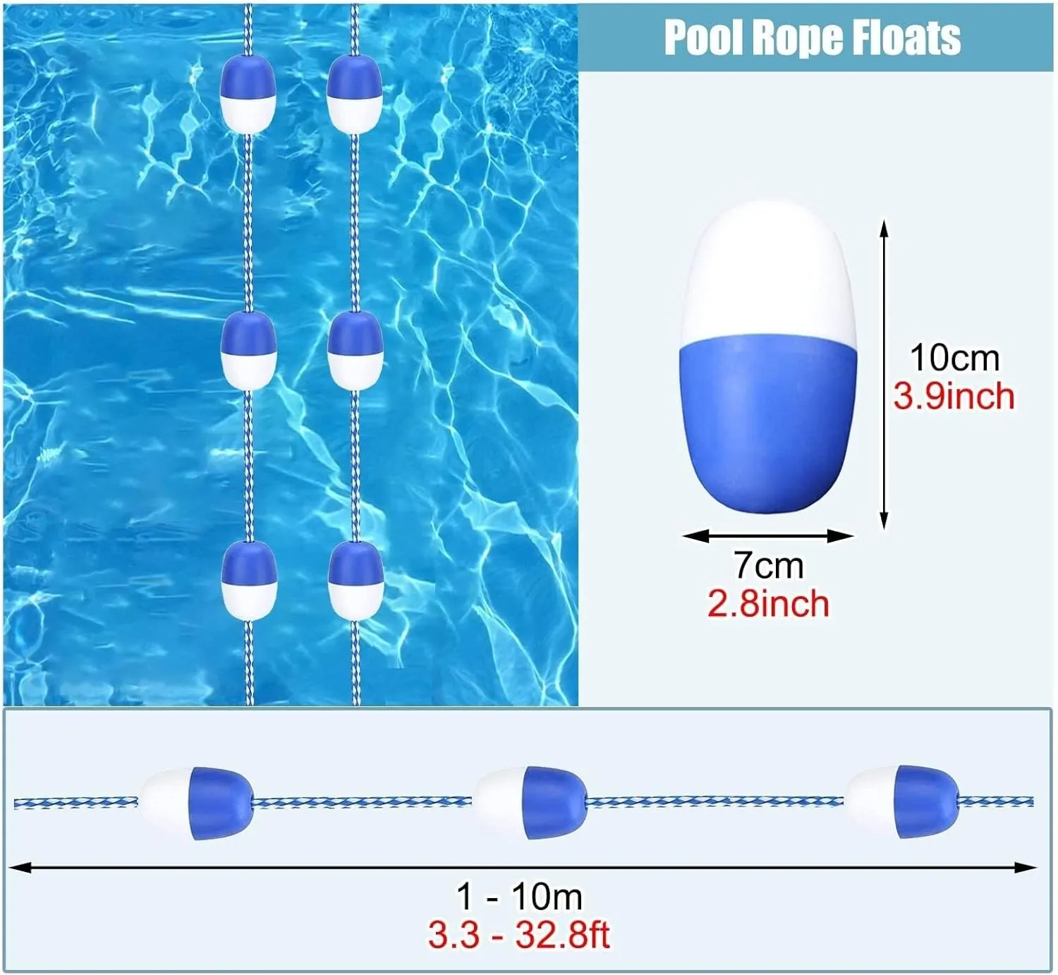 Deep Shallow End Pool Rope Floats Blue & White, Floating Divider with Strong Buoyancy for Swimming Pools, Dangerous Areas, Beaches, and Waterways