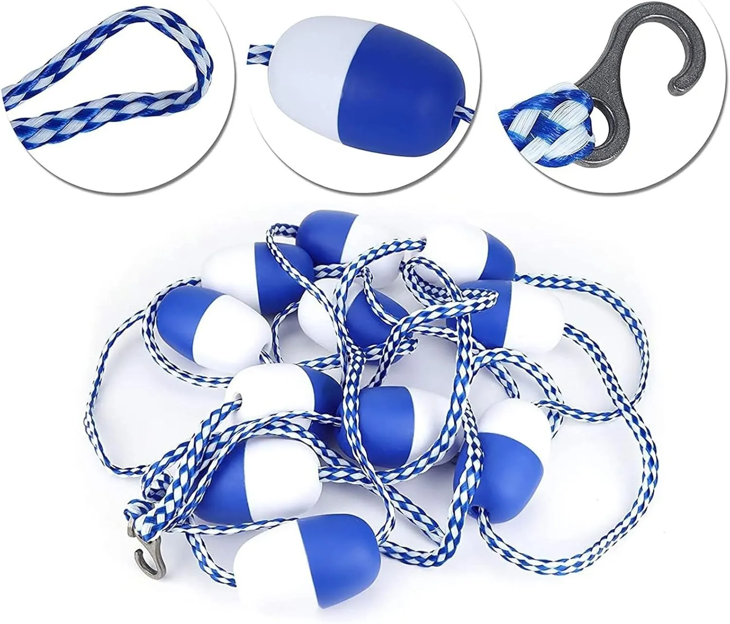Deep Shallow End Pool Rope Floats Blue & White, Floating Divider with Strong Buoyancy for Swimming Pools, Dangerous Areas, Beaches, and Waterways