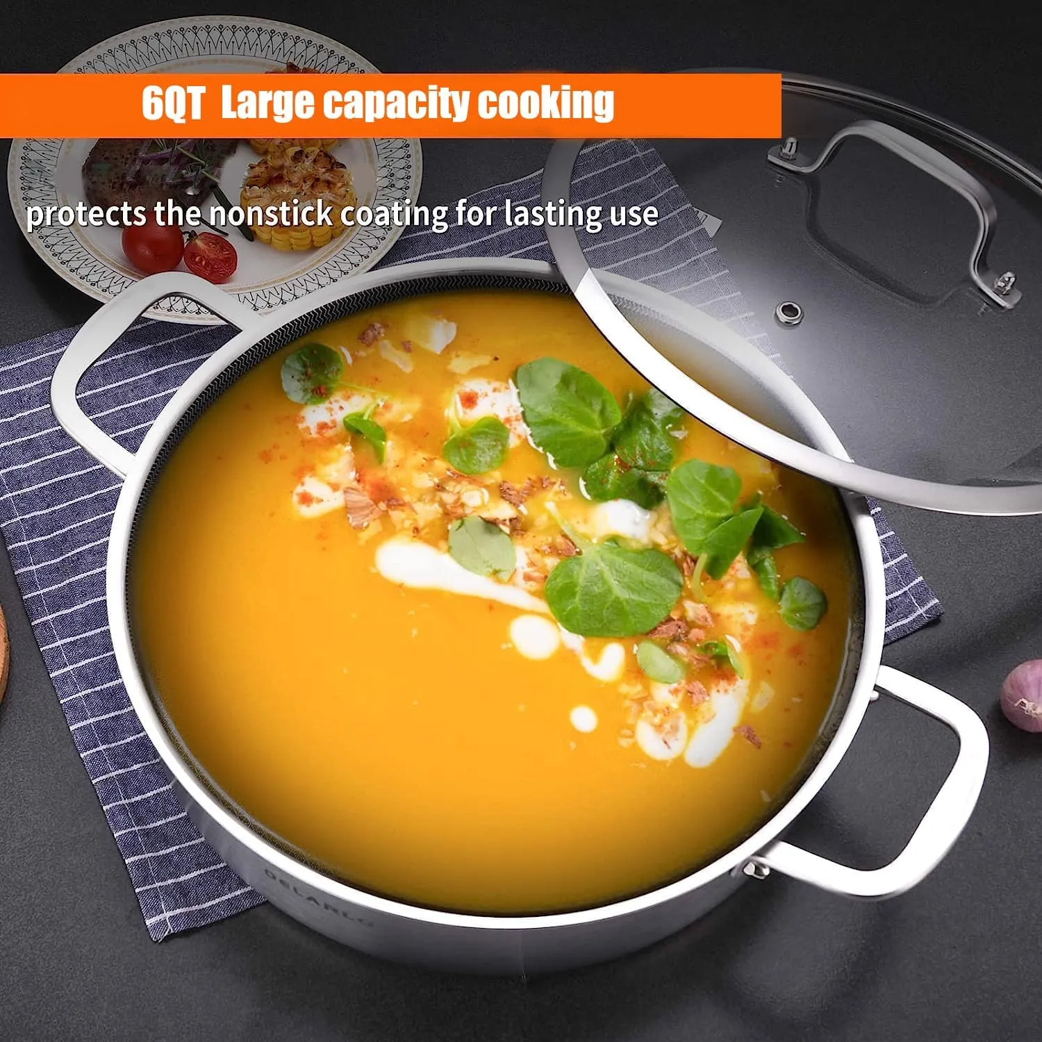 DELARLO Tri-Ply Stainless Steel Saute Pan 6 Quarts Deep Frying Pan, 12 inch Induction Compatible Chef Cooking Pan, Large Sauté Pan with lid, Dishwasher & Oven Safe