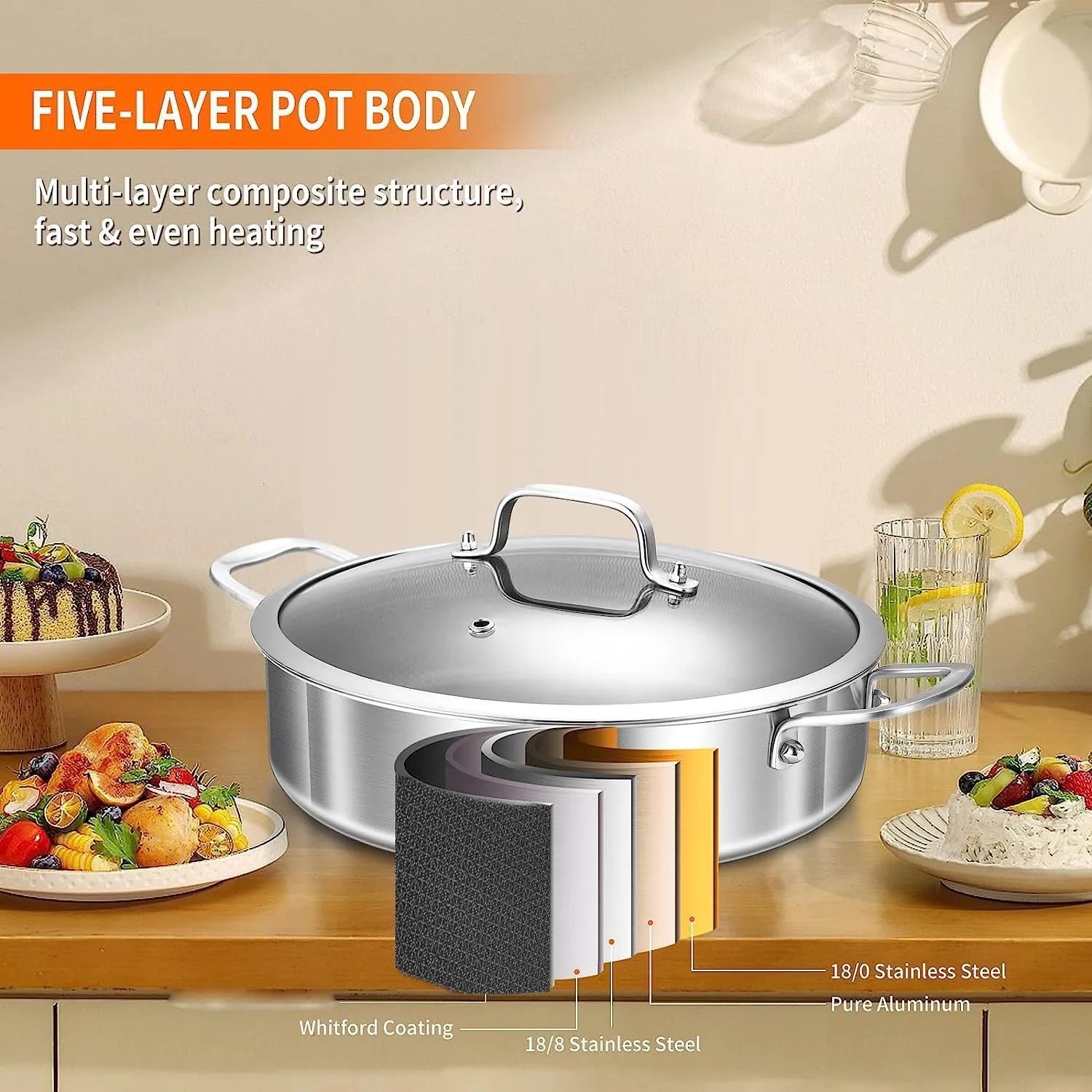 DELARLO Tri-Ply Stainless Steel Saute Pan 6 Quarts Deep Frying Pan, 12 inch Induction Compatible Chef Cooking Pan, Large Sauté Pan with lid, Dishwasher & Oven Safe