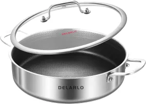 DELARLO Tri-Ply Stainless Steel Saute Pan 6 Quarts Deep Frying Pan, 12 inch Induction Compatible Chef Cooking Pan, Large Sauté Pan with lid, Dishwasher & Oven Safe