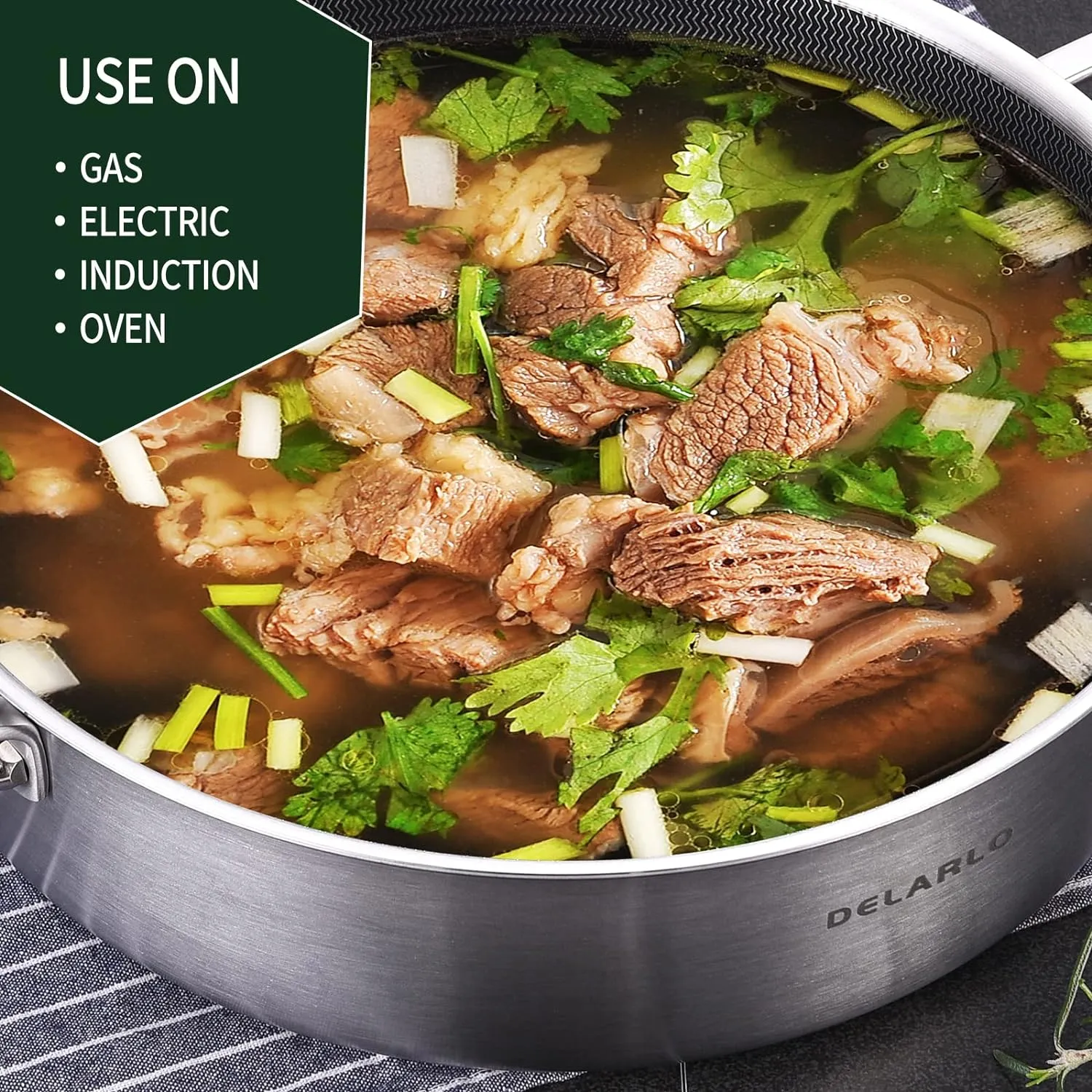 DELARLO Tri-Ply Stainless Steel Saute Pan 6 Quarts Deep Frying Pan, 12 inch Induction Compatible Chef Cooking Pan, Large Sauté Pan with lid, Dishwasher & Oven Safe