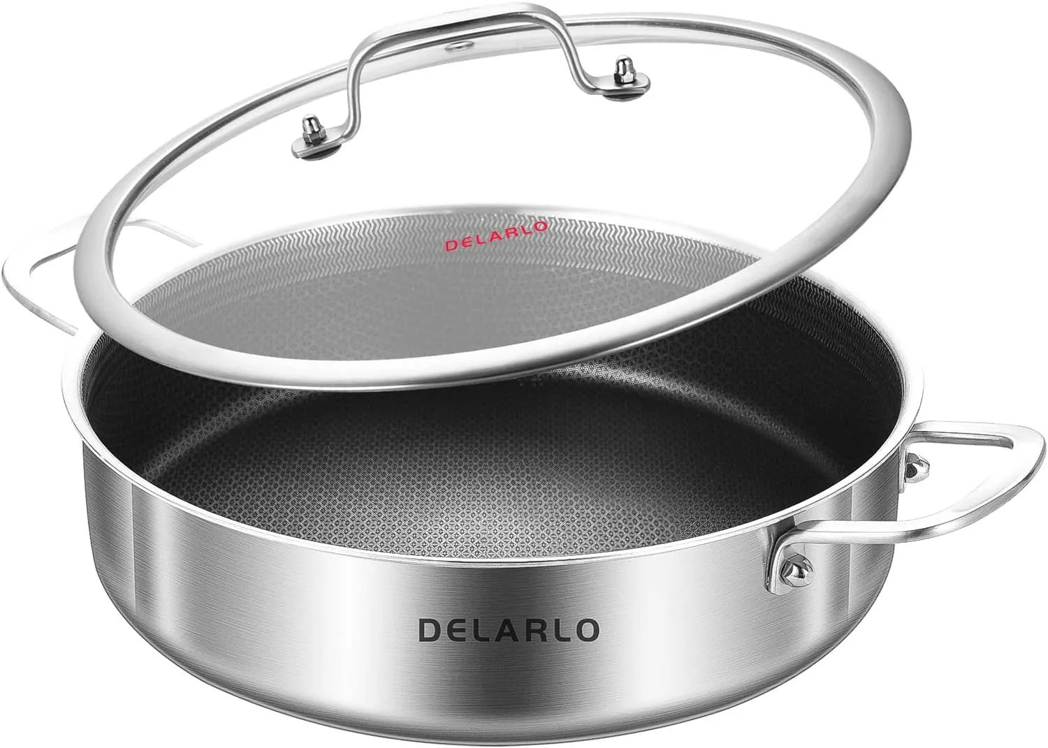 DELARLO Tri-Ply Stainless Steel Saute Pan 6 Quarts Deep Frying Pan, 12 inch Induction Compatible Chef Cooking Pan, Large Sauté Pan with lid, Dishwasher & Oven Safe