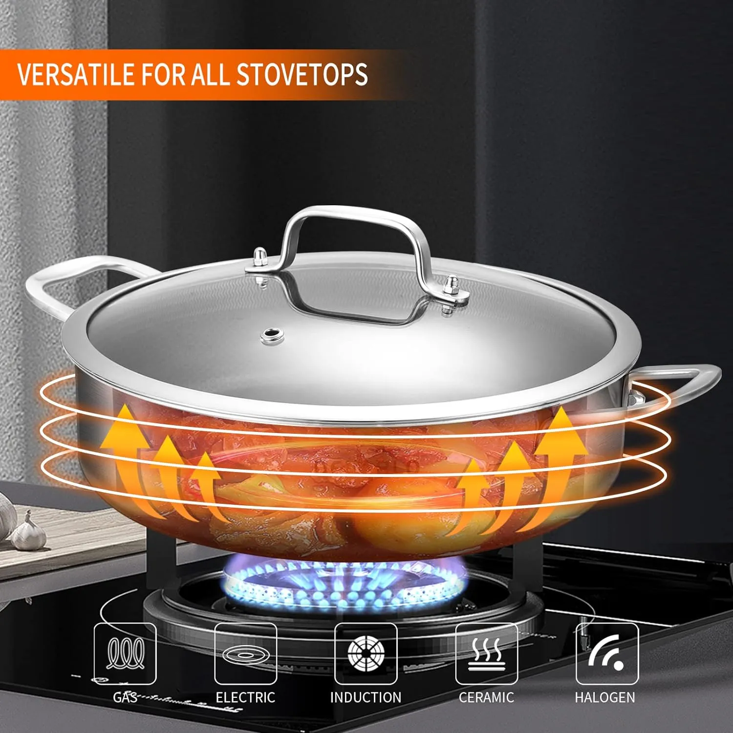 DELARLO Tri-Ply Stainless Steel Saute Pan 6 Quarts Deep Frying Pan, 12 inch Induction Compatible Chef Cooking Pan, Large Sauté Pan with lid, Dishwasher & Oven Safe