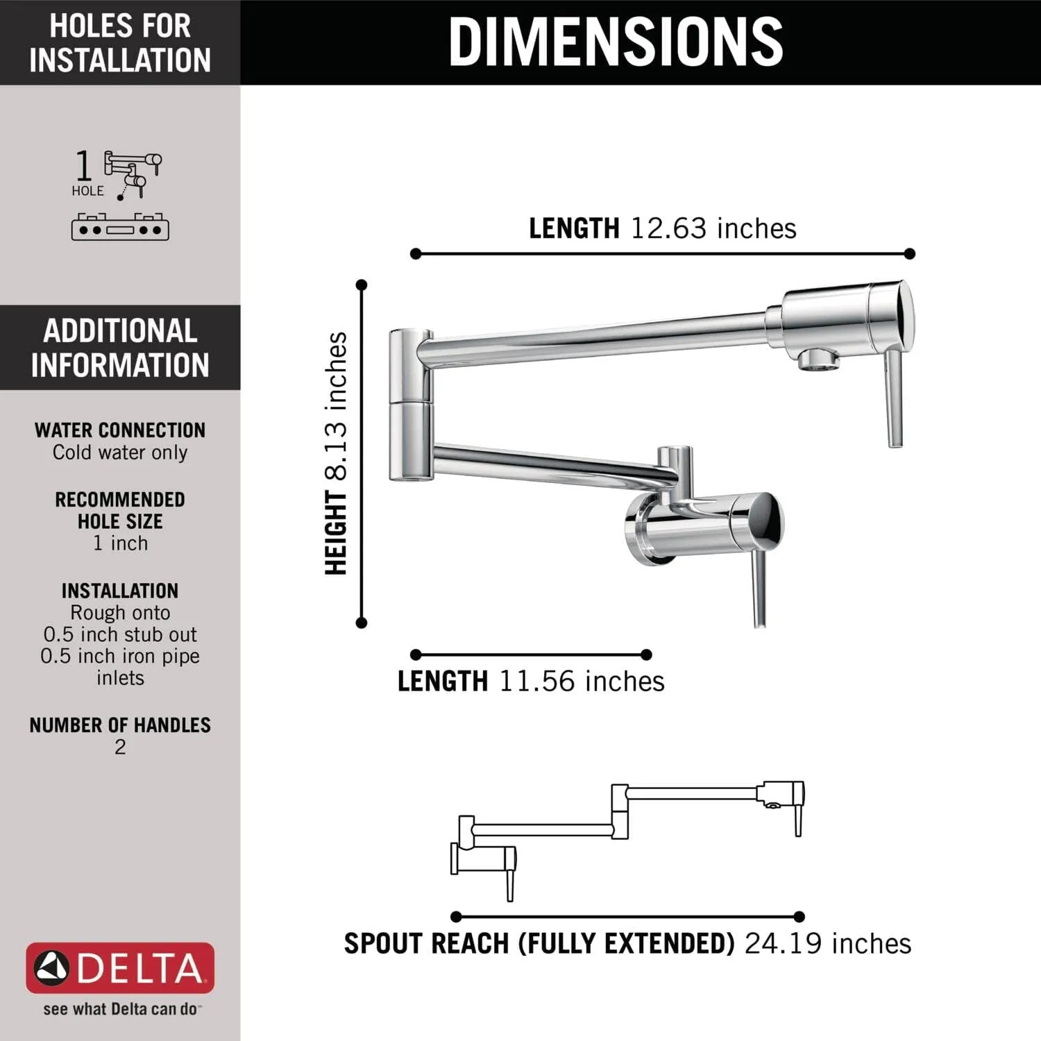 Delta 1165LF Pot Filler, 5.19 x 2.13 x 24.19 inches, Chrome