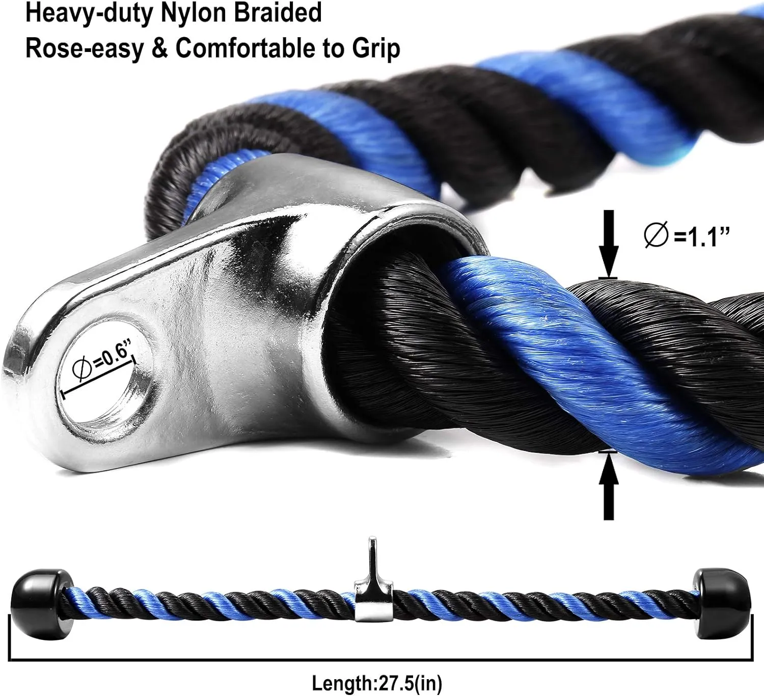 Deluxe Tricep Rope Pull Down Cable, 27 & 36 Inch Rope Length, Easy to Grip & Non-Slip Cable Attachment for Gym Workout Exercise