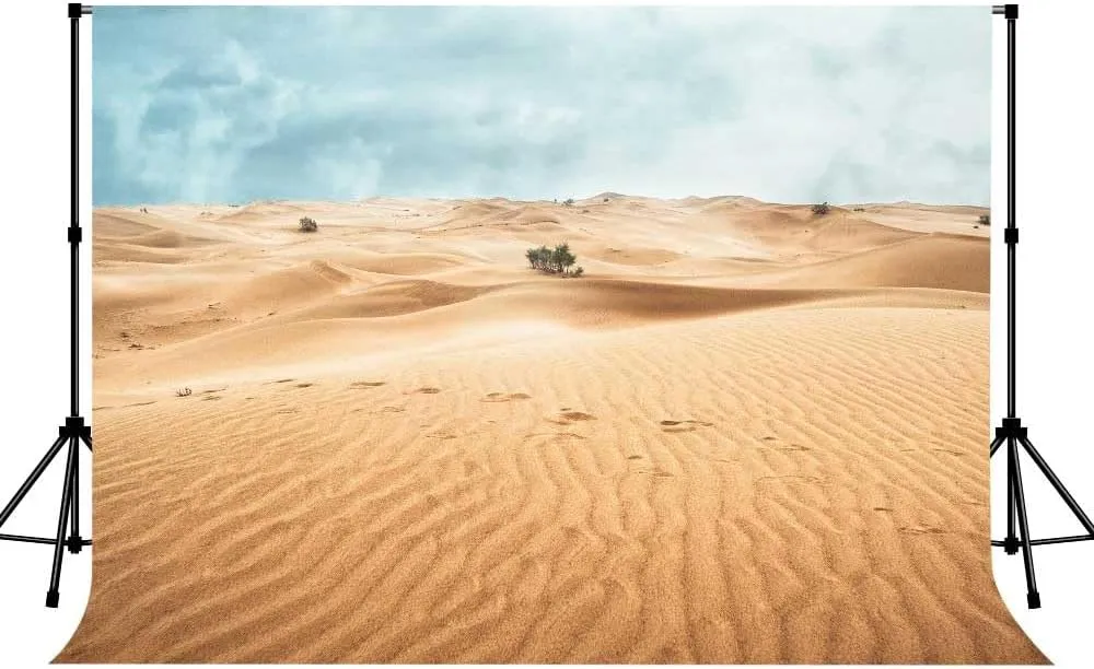 Desert Landscape Photography Backdrop Sand Dunes Sparse Green Shrub Plant Trees Blue Sky Natural Scenery Background (10x7ft)