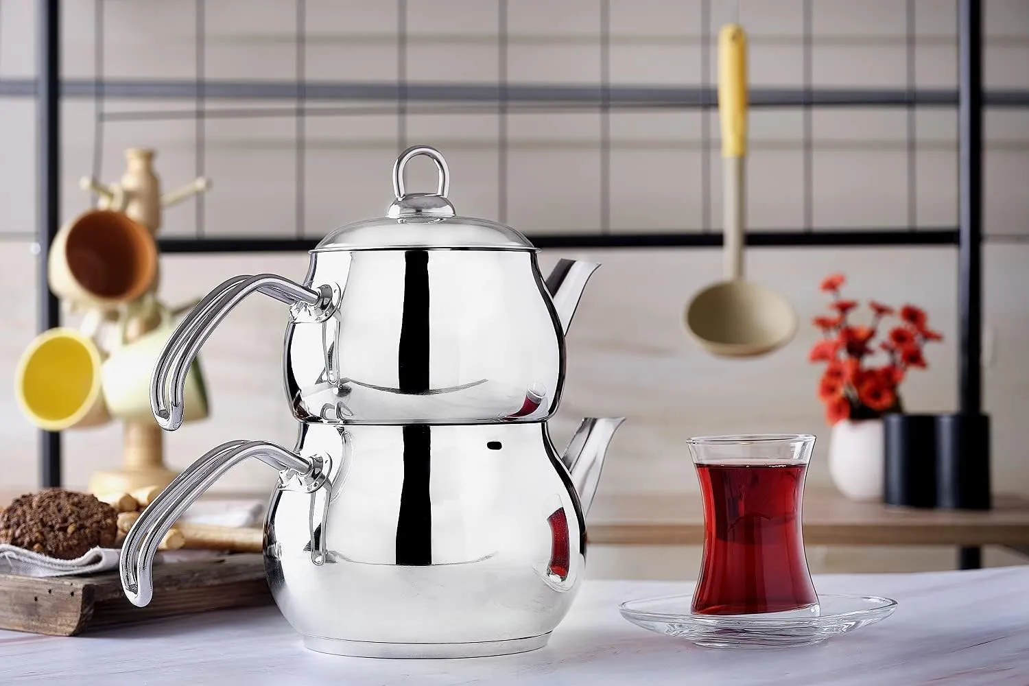DESTALYA Turkish Teapot Set | Stainless Steel Double Tea Pots for Stove Top | Tea Maker with Strainer | Samovar Tea Kettle, Water Heater (Midi with Metal Handles)