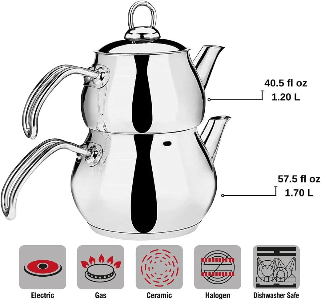DESTALYA Turkish Teapot Set | Stainless Steel Double Tea Pots for Stove Top | Tea Maker with Strainer | Samovar Tea Kettle, Water Heater (Midi with Metal Handles)