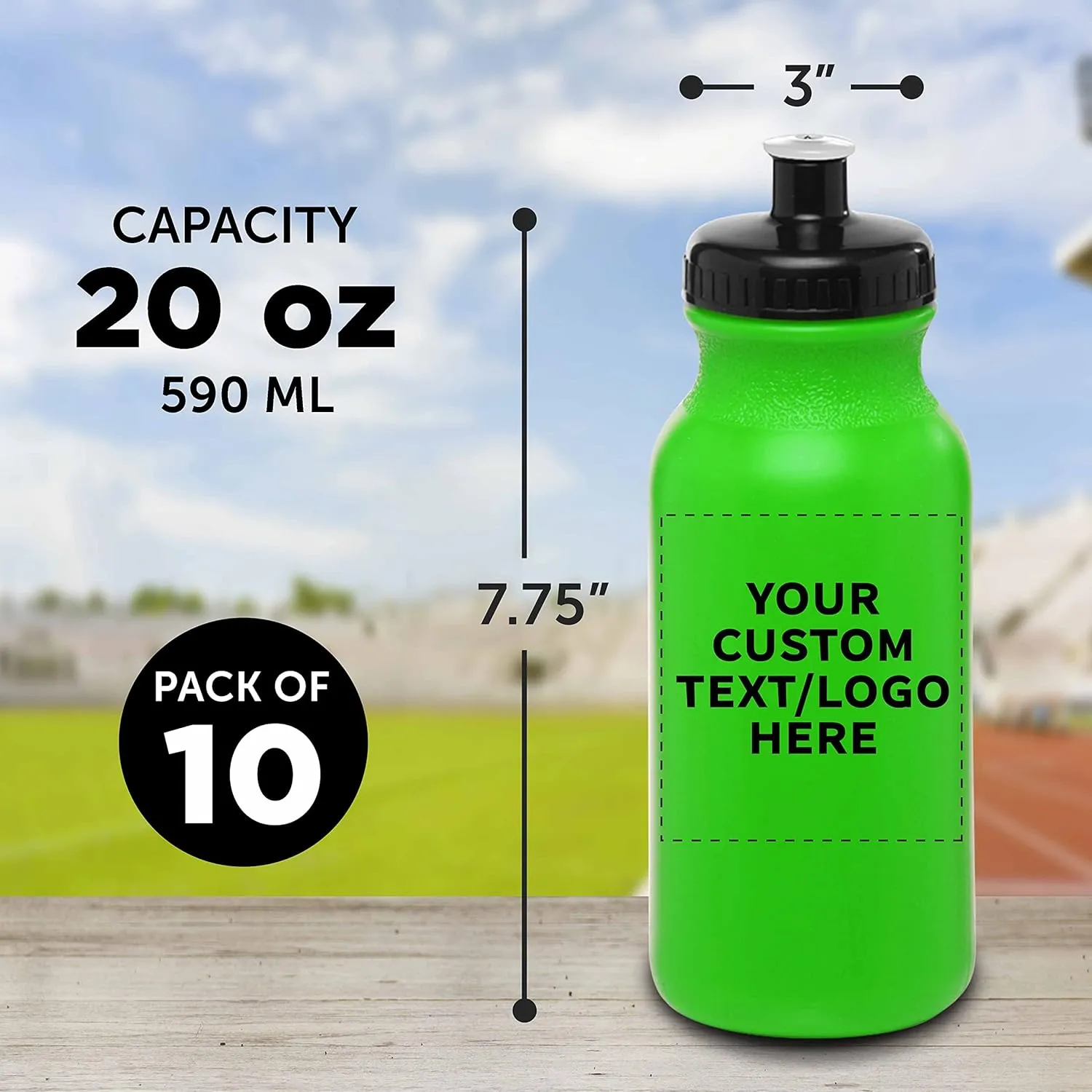 DISCOUNT PROMOS Custom 20 oz. Water Bottles with Push Cap – Set of 10 – Personalized Bulk Gift for Dad – Father’s Day Sports Bottles for Gym, Camping – Neon Green