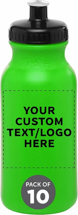 DISCOUNT PROMOS Custom 20 oz. Water Bottles with Push Cap – Set of 10 – Personalized Bulk Gift for Dad – Father’s Day Sports Bottles for Gym, Camping – Neon Green