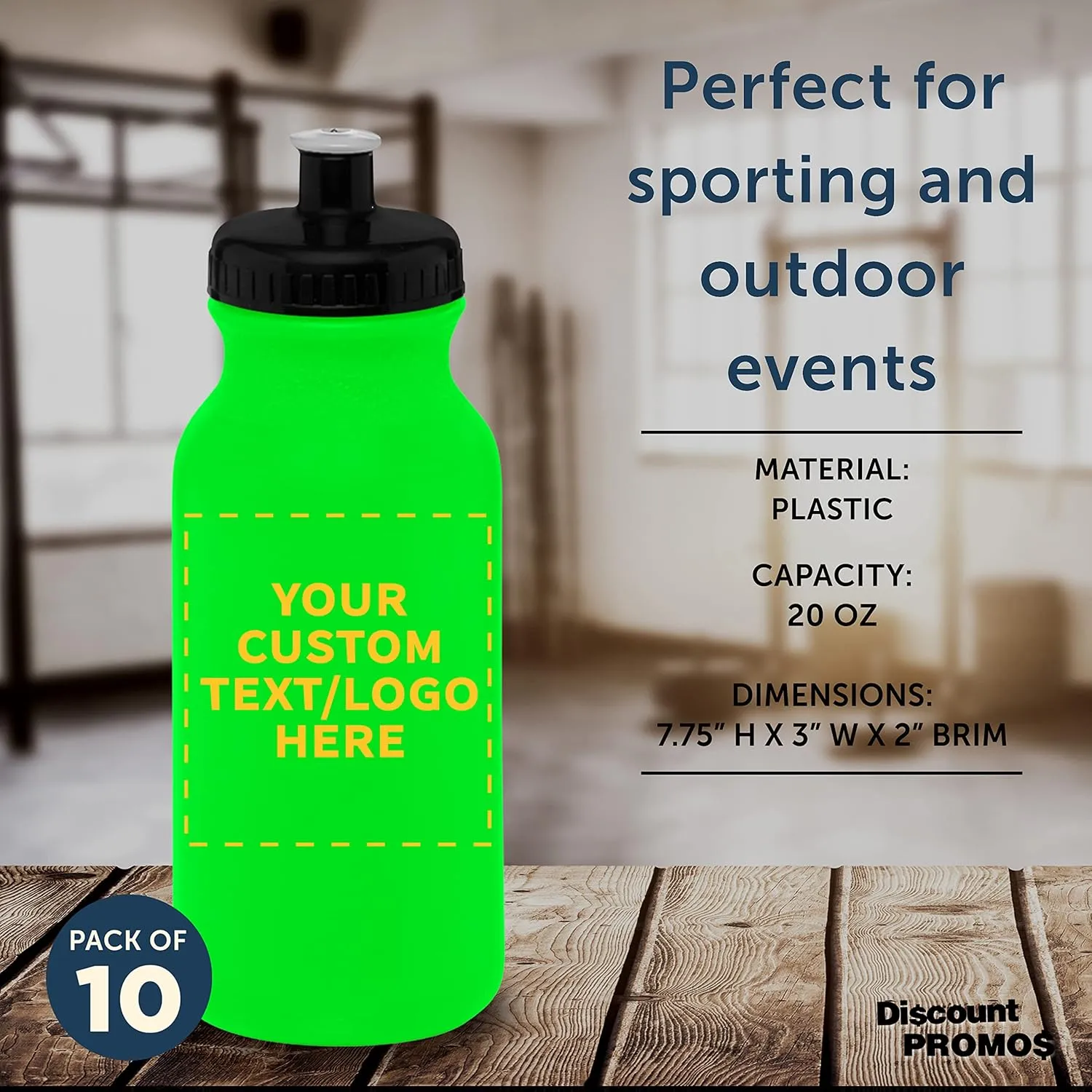 DISCOUNT PROMOS Custom 20 oz. Water Bottles with Push Cap – Set of 10 – Personalized Bulk Gift for Dad – Father’s Day Sports Bottles for Gym, Camping – Neon Green