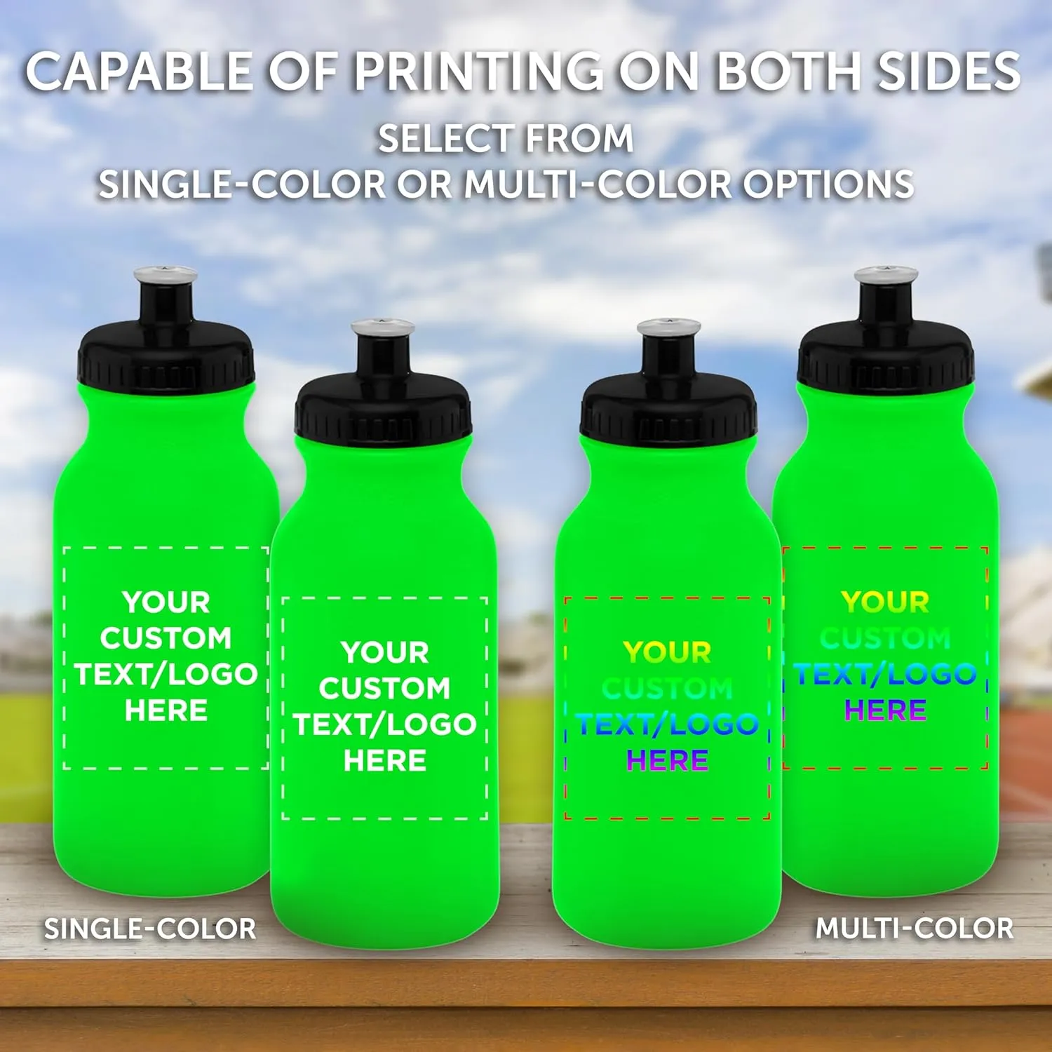 DISCOUNT PROMOS Custom 20 oz. Water Bottles with Push Cap – Set of 10 – Personalized Bulk Gift for Dad – Father’s Day Sports Bottles for Gym, Camping – Neon Green