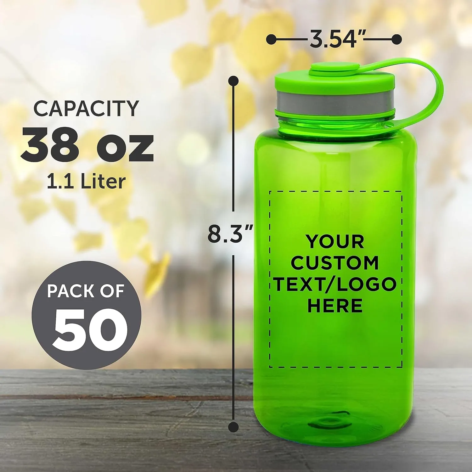DISCOUNT PROMOS Custom Plastic Sports Water Bottles with Flip Lid 38 oz. Set of 50, Personalized Bulk Pack - Great for Gym, Hiking, Cycling, Camping, Backpacking, School - Lime Green