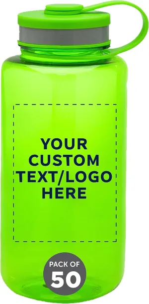 DISCOUNT PROMOS Custom Plastic Sports Water Bottles with Flip Lid 38 oz. Set of 50, Personalized Bulk Pack - Great for Gym, Hiking, Cycling, Camping, Backpacking, School - Lime Green