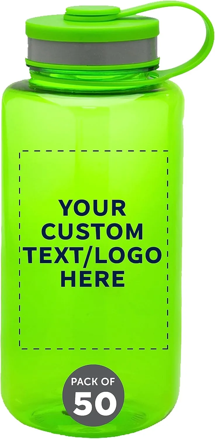 DISCOUNT PROMOS Custom Plastic Sports Water Bottles with Flip Lid 38 oz. Set of 50, Personalized Bulk Pack - Great for Gym, Hiking, Cycling, Camping, Backpacking, School - Lime Green