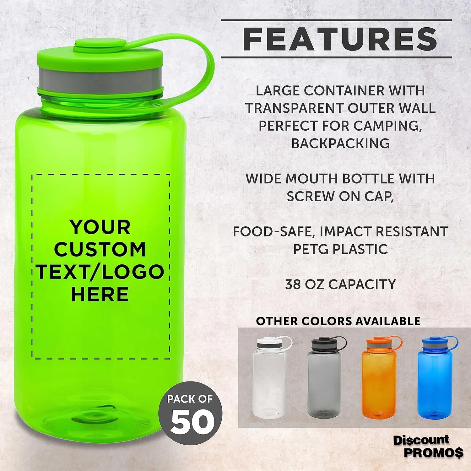 DISCOUNT PROMOS Custom Plastic Sports Water Bottles with Flip Lid 38 oz. Set of 50, Personalized Bulk Pack - Great for Gym, Hiking, Cycling, Camping, Backpacking, School - Lime Green