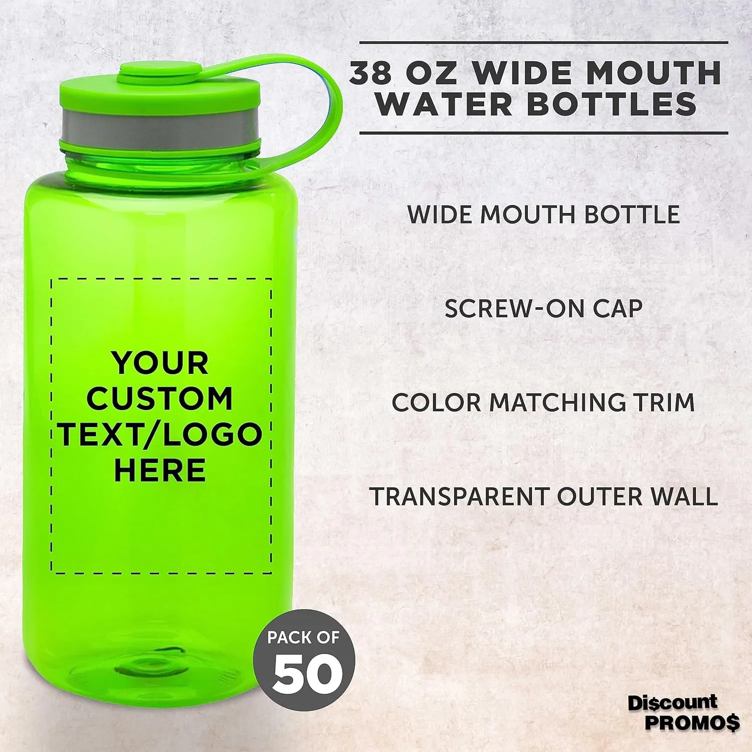 DISCOUNT PROMOS Custom Plastic Sports Water Bottles with Flip Lid 38 oz. Set of 50, Personalized Bulk Pack - Great for Gym, Hiking, Cycling, Camping, Backpacking, School - Lime Green