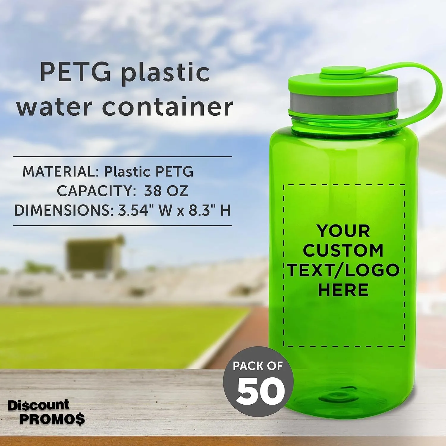 DISCOUNT PROMOS Custom Plastic Sports Water Bottles with Flip Lid 38 oz. Set of 50, Personalized Bulk Pack - Great for Gym, Hiking, Cycling, Camping, Backpacking, School - Lime Green