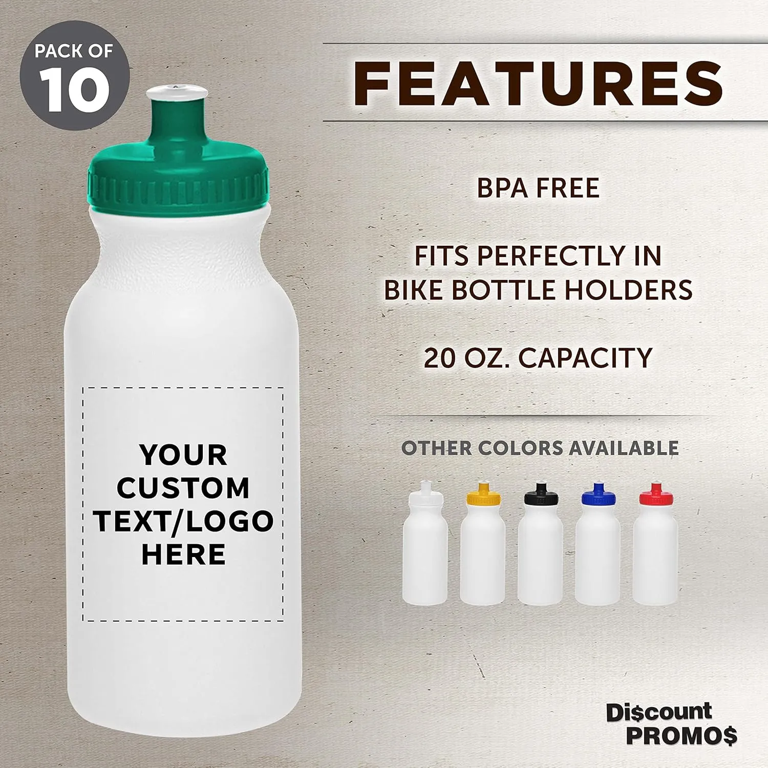 DISCOUNT PROMOS Custom White Water Bottles with Push Cap -10 pack, Customizable Text, Logo, 20 oz, Reusable BPA FREE Squeezable Bottles in Bulk - White Green