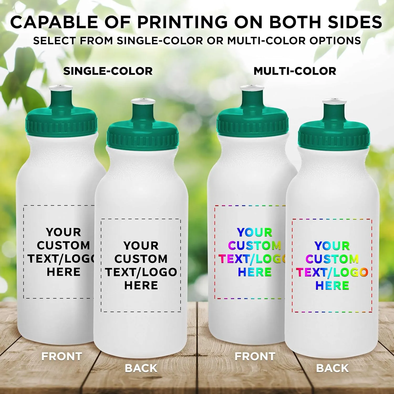 DISCOUNT PROMOS Custom White Water Bottles with Push Cap -10 pack, Customizable Text, Logo, 20 oz, Reusable BPA FREE Squeezable Bottles in Bulk - White Green