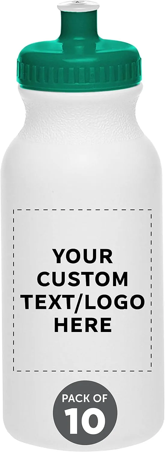 DISCOUNT PROMOS Custom White Water Bottles with Push Cap -10 pack, Customizable Text, Logo, 20 oz, Reusable BPA FREE Squeezable Bottles in Bulk - White Green