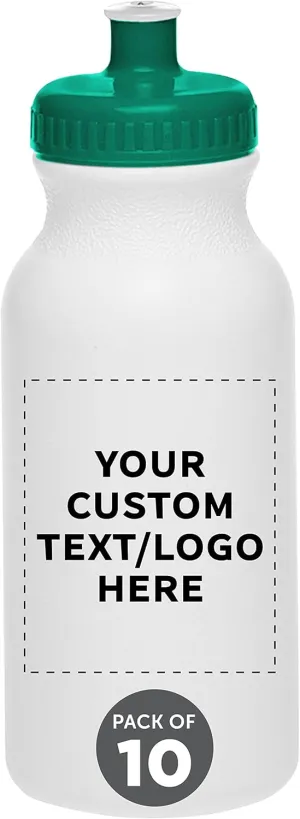 DISCOUNT PROMOS Custom White Water Bottles with Push Cap -10 pack, Customizable Text, Logo, 20 oz, Reusable BPA FREE Squeezable Bottles in Bulk - White Green