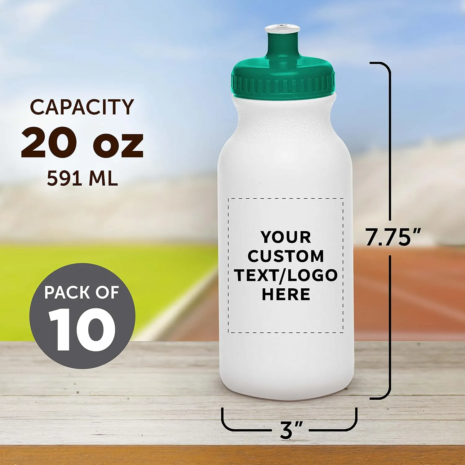 DISCOUNT PROMOS Custom White Water Bottles with Push Cap -10 pack, Customizable Text, Logo, 20 oz, Reusable BPA FREE Squeezable Bottles in Bulk - White Green