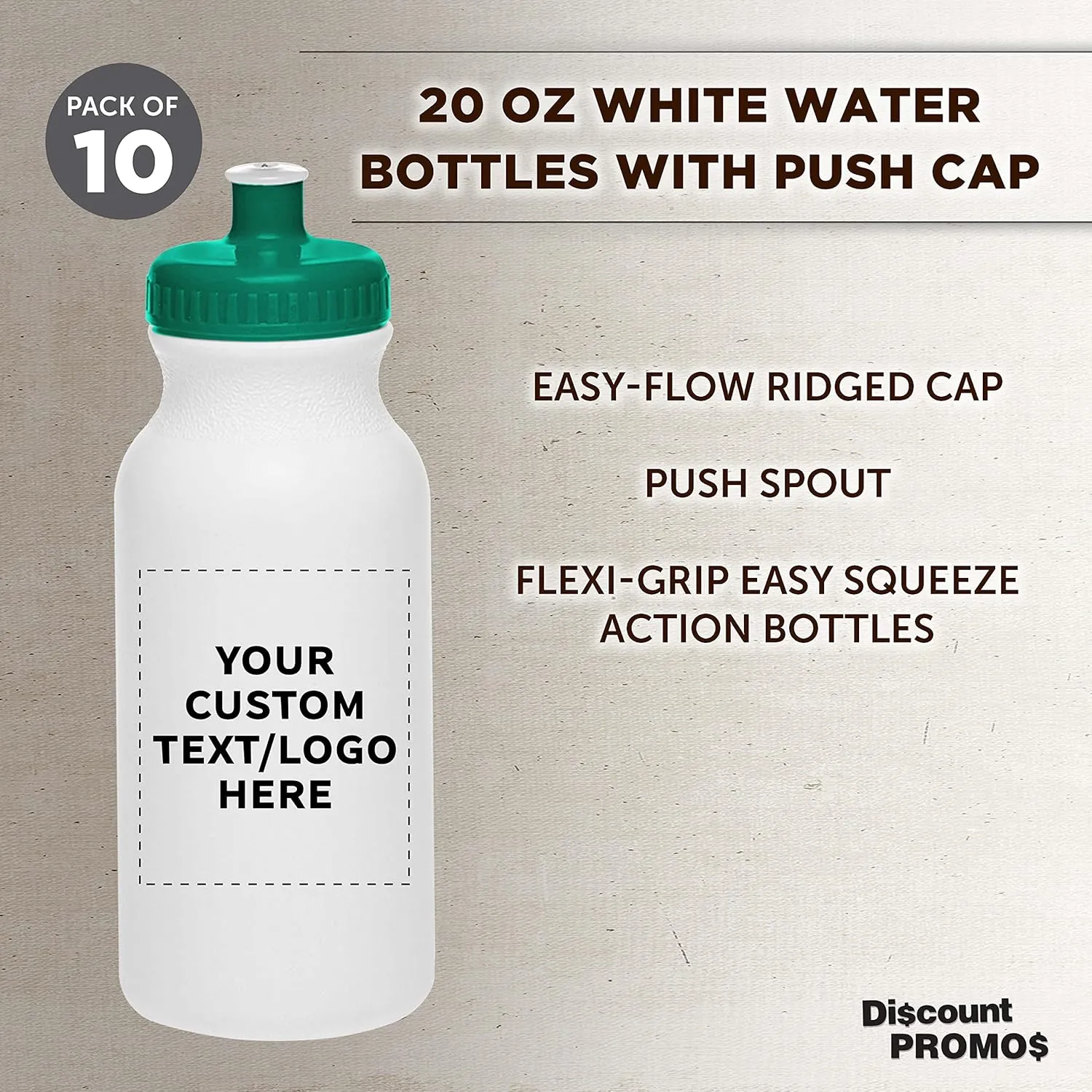 DISCOUNT PROMOS Custom White Water Bottles with Push Cap -10 pack, Customizable Text, Logo, 20 oz, Reusable BPA FREE Squeezable Bottles in Bulk - White Green