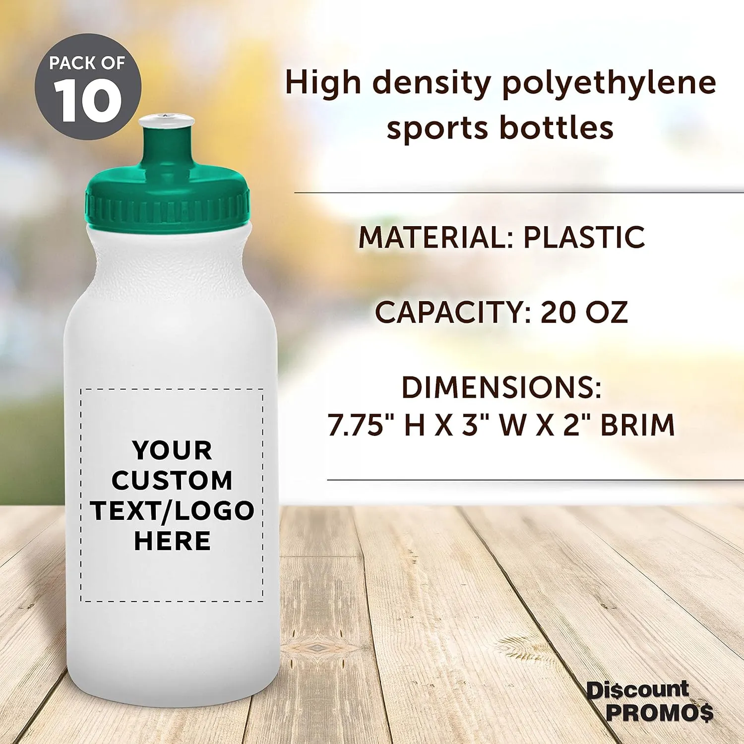 DISCOUNT PROMOS Custom White Water Bottles with Push Cap -10 pack, Customizable Text, Logo, 20 oz, Reusable BPA FREE Squeezable Bottles in Bulk - White Green