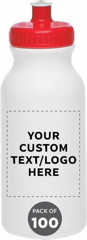 DISCOUNT PROMOS Custom White Water Bottles with Push Cap -100 pack, Customizable Text, Logo, 20 oz, Reusable BPA FREE Squeezable Bottles in Bulk, White Red