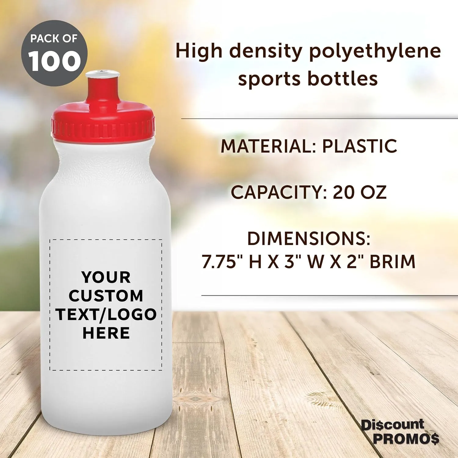 DISCOUNT PROMOS Custom White Water Bottles with Push Cap -100 pack, Customizable Text, Logo, 20 oz, Reusable BPA FREE Squeezable Bottles in Bulk, White Red