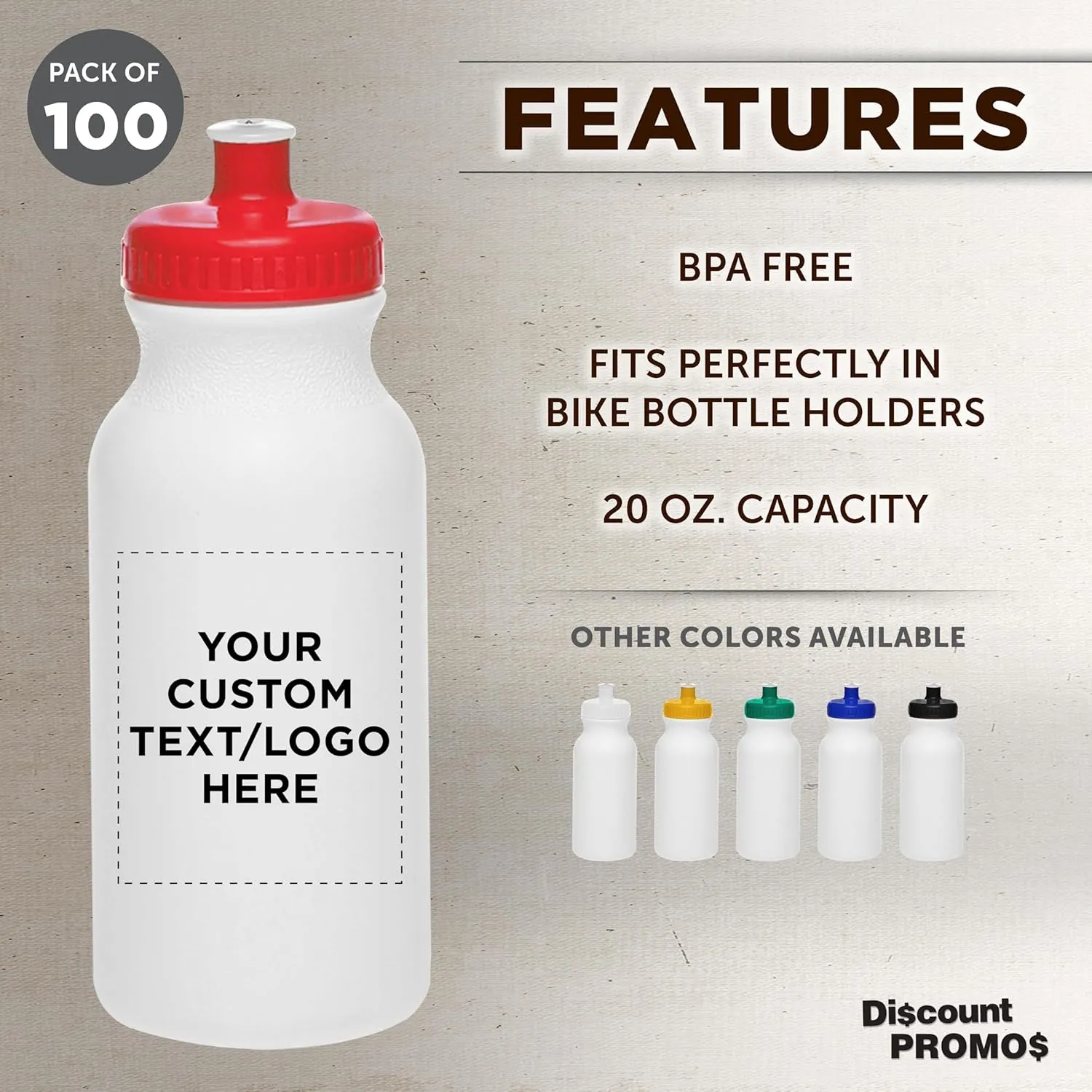 DISCOUNT PROMOS Custom White Water Bottles with Push Cap -100 pack, Customizable Text, Logo, 20 oz, Reusable BPA FREE Squeezable Bottles in Bulk, White Red