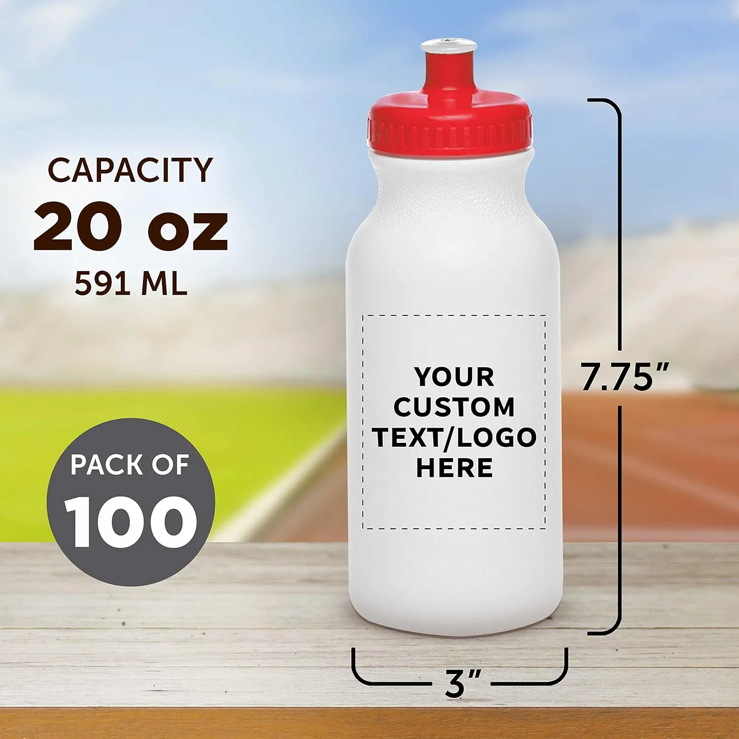 DISCOUNT PROMOS Custom White Water Bottles with Push Cap -100 pack, Customizable Text, Logo, 20 oz, Reusable BPA FREE Squeezable Bottles in Bulk, White Red