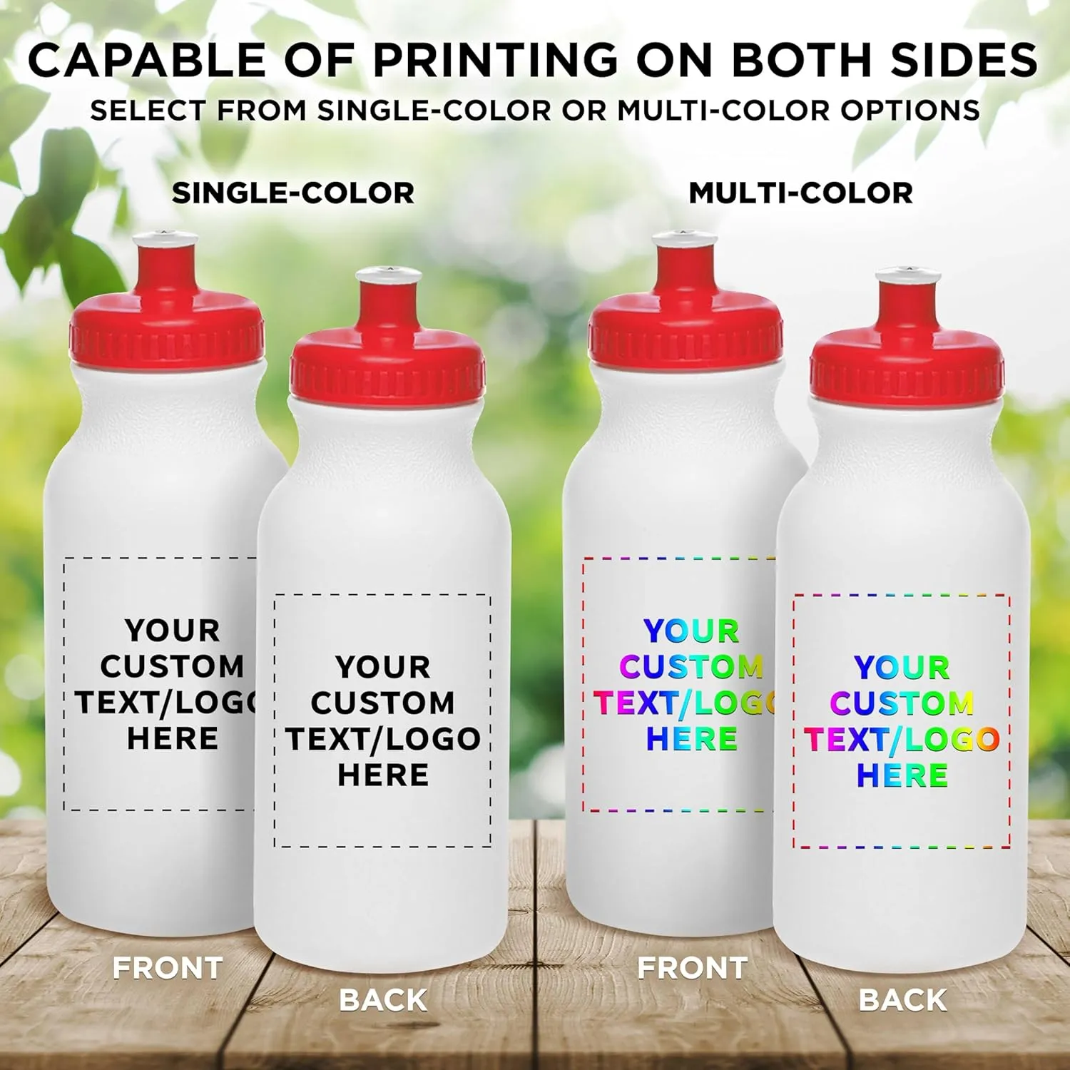 DISCOUNT PROMOS Custom White Water Bottles with Push Cap -100 pack, Customizable Text, Logo, 20 oz, Reusable BPA FREE Squeezable Bottles in Bulk, White Red