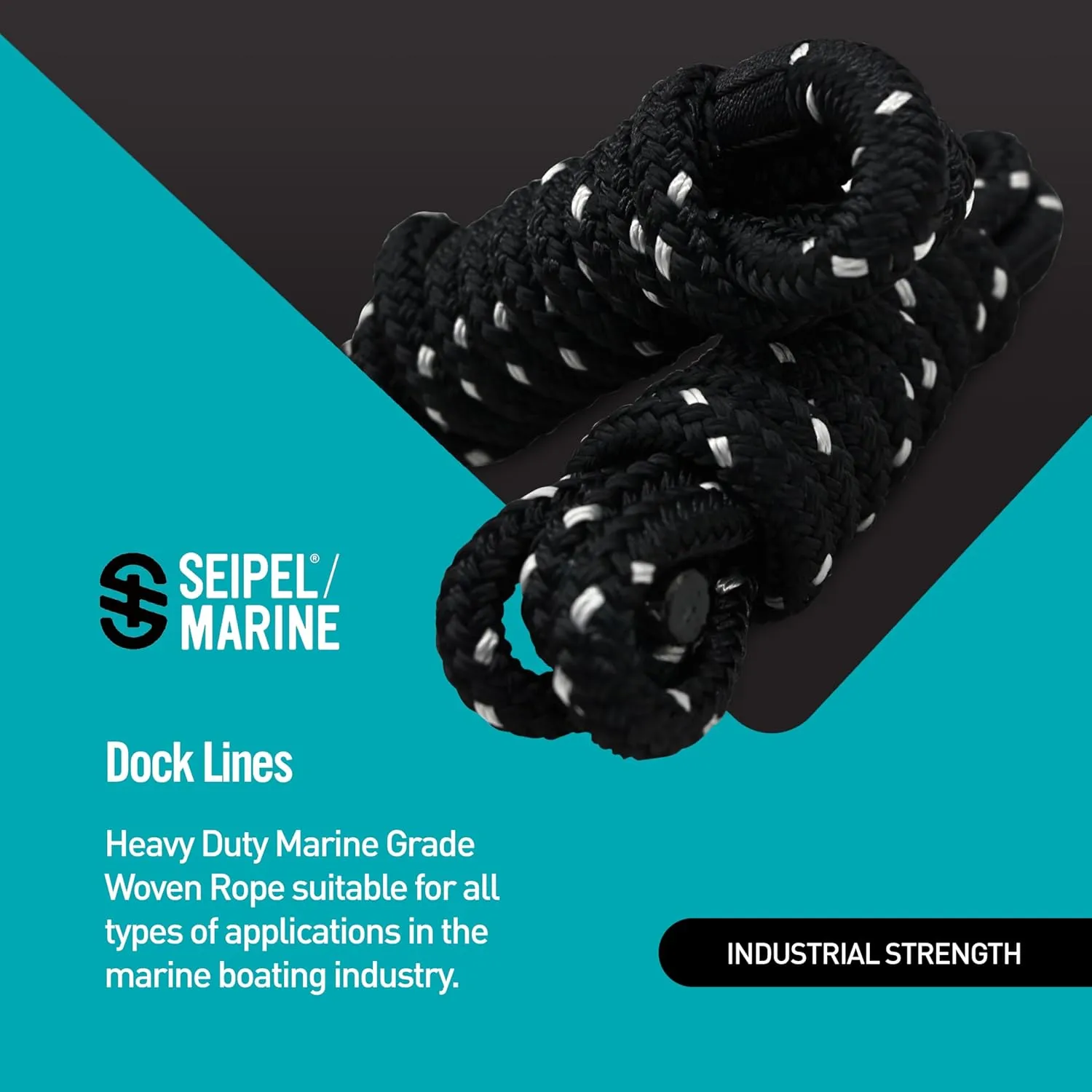 Dock Lines 1/2 Inch – Double Braided Marine Rope – Heavy-Duty Boat Docking – UV & Abrasion Resistant – Marine-Grade with 10” Loop – Black with Silver Tracer - 10 Foot