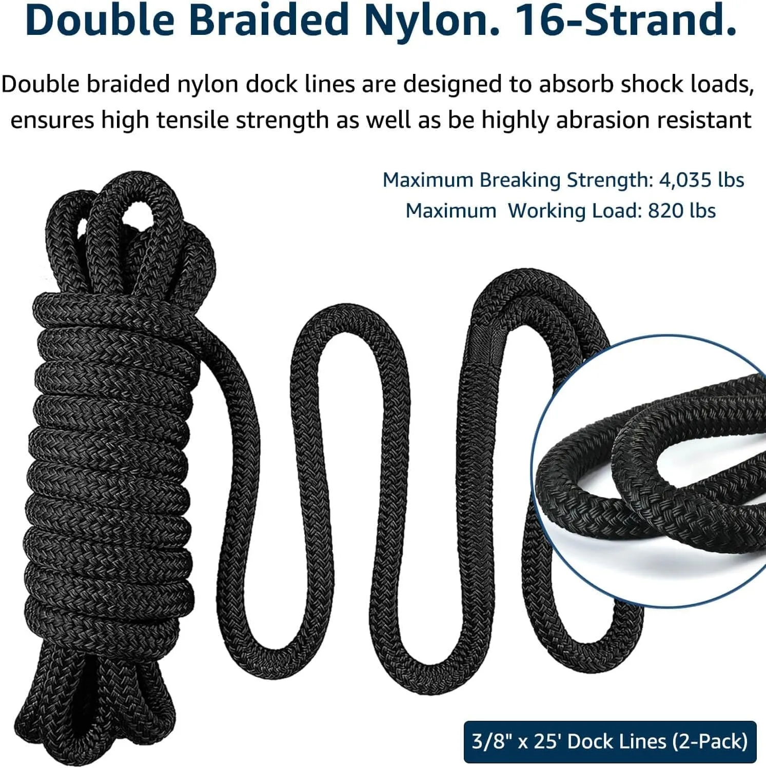 Dock Lines 2 Pack 3/8" x 25' Double Braided Nylon Boat Dock Lines with a 12" Loop - Marine Grade Dock Lines for Boats 3/8 Inch Boat Ropes for Docking, Boat Lines/Dock Ropes/Marine Rope, J-FM TWNTHSD
