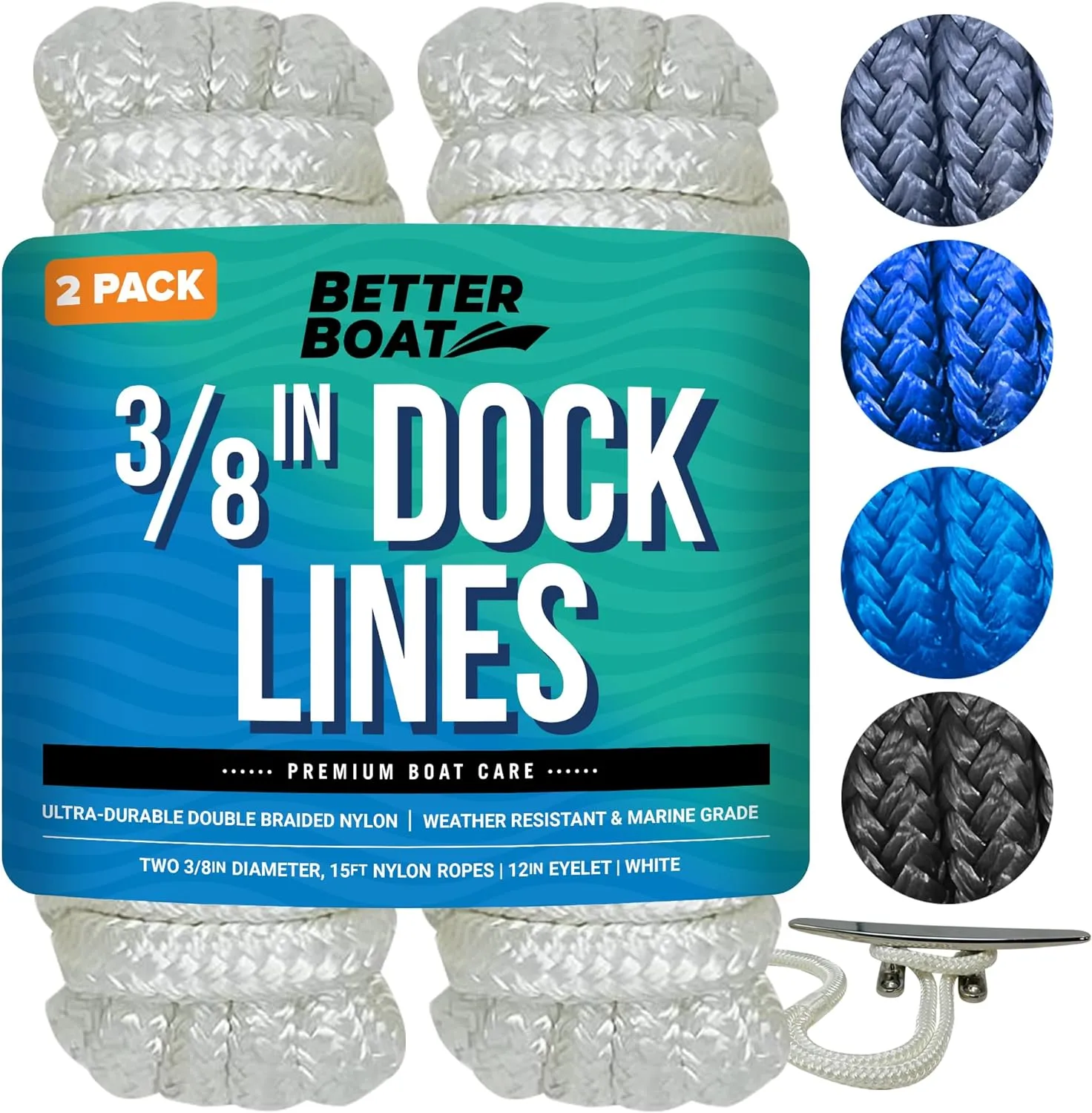 Dock Lines Boat Ropes for Docking, 3/8" Double Braided Mooring Marine Rope, 15ft Nylon Rope with Loop, White, 2 Pack
