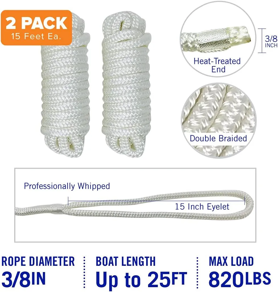 Dock Lines Boat Ropes for Docking, 3/8" Double Braided Mooring Marine Rope, 15ft Nylon Rope with Loop, White, 2 Pack