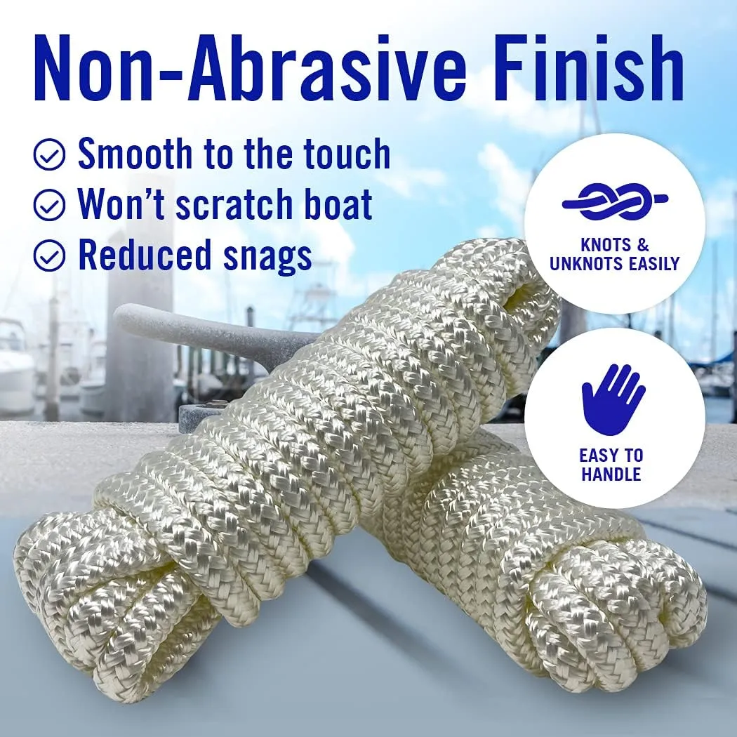 Dock Lines Boat Ropes for Docking, 3/8" Double Braided Mooring Marine Rope, 15ft Nylon Rope with Loop, White, 2 Pack