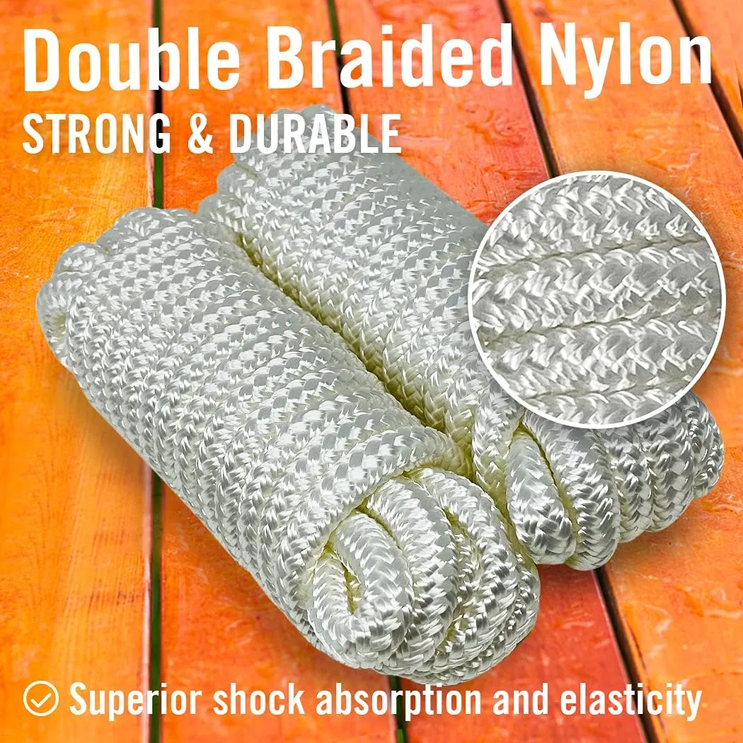 Dock Lines Boat Ropes for Docking, 3/8" Double Braided Mooring Marine Rope, 15ft Nylon Rope with Loop, White, 2 Pack