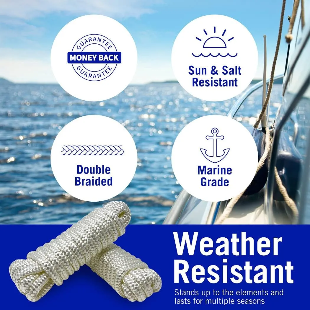 Dock Lines Boat Ropes for Docking, 3/8" Double Braided Mooring Marine Rope, 15ft Nylon Rope with Loop, White, 2 Pack