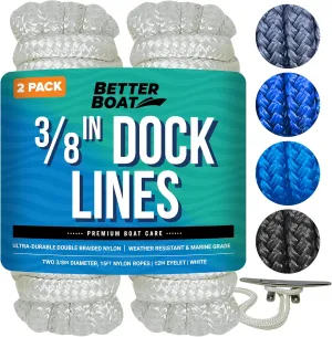 Dock Lines Boat Ropes for Docking, 3/8" Double Braided Mooring Marine Rope, 15ft Nylon Rope with Loop, White, 2 Pack