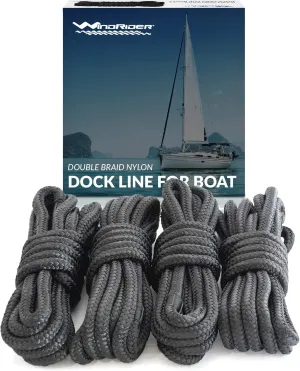 Dock Lines for Boats - 4 Pack of 3/8" x 15 Ft Double Braided Nylon Rope with 12-Inch Eyelet Whipped Ends – Marine Lines Grade Black Rope for Docking, Mooring, and Securing Boats