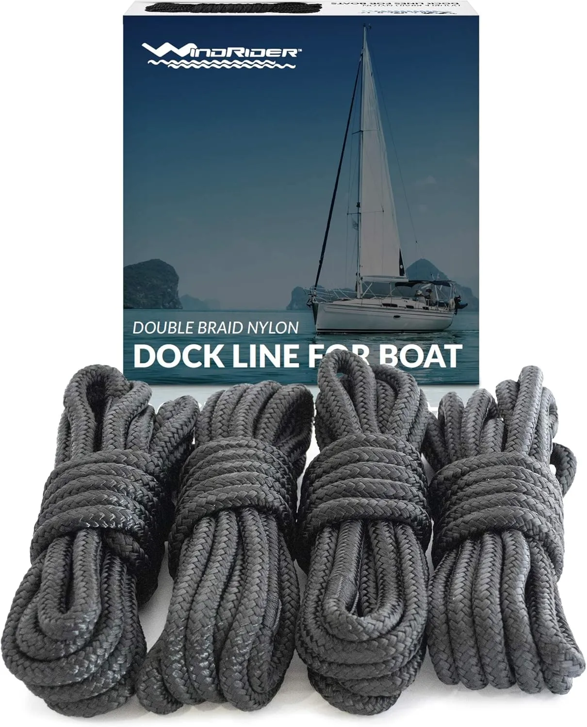 Dock Lines for Boats - 4 Pack of 3/8" x 15 Ft Double Braided Nylon Rope with 12-Inch Eyelet Whipped Ends – Marine Lines Grade Black Rope for Docking, Mooring, and Securing Boats