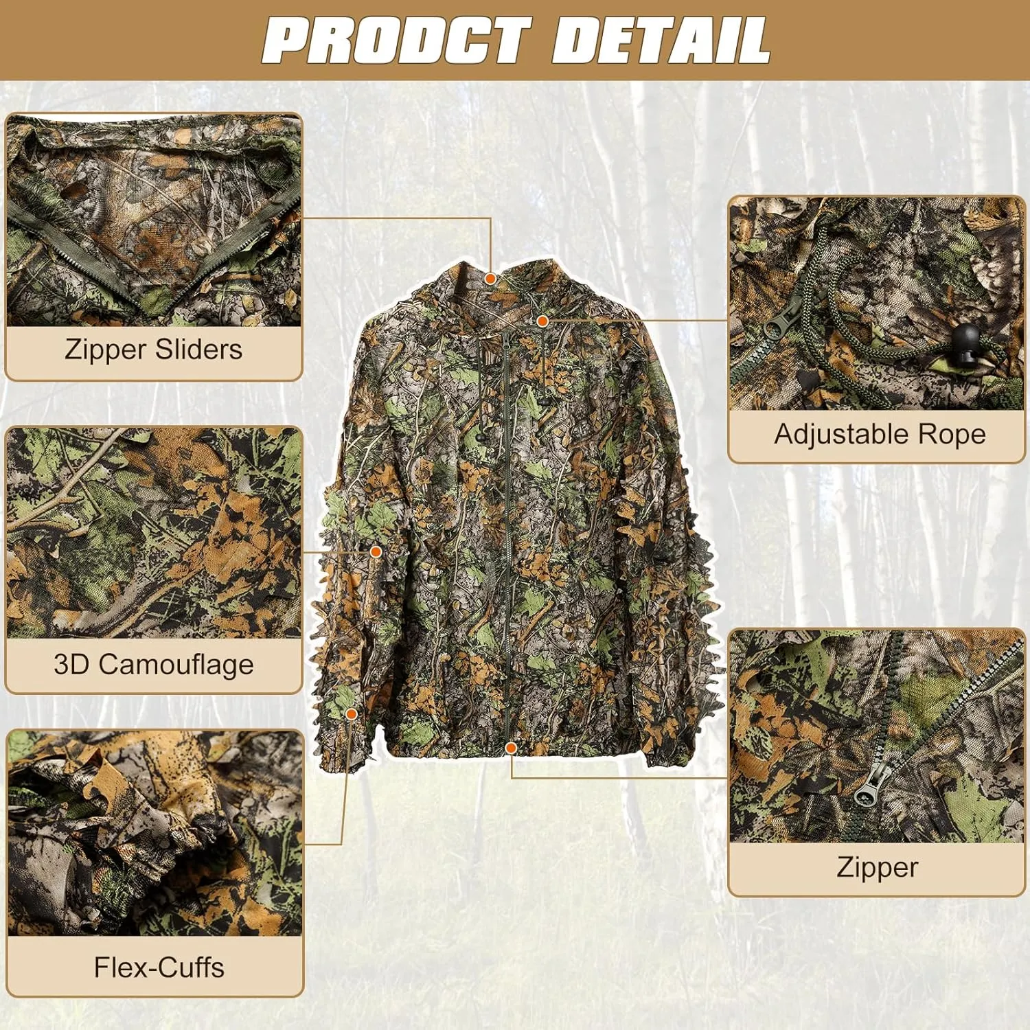 DoCred Ghillie Suit 3D Leafy Camo Hunting Suit, Leaf Camouflage Gilly for Men