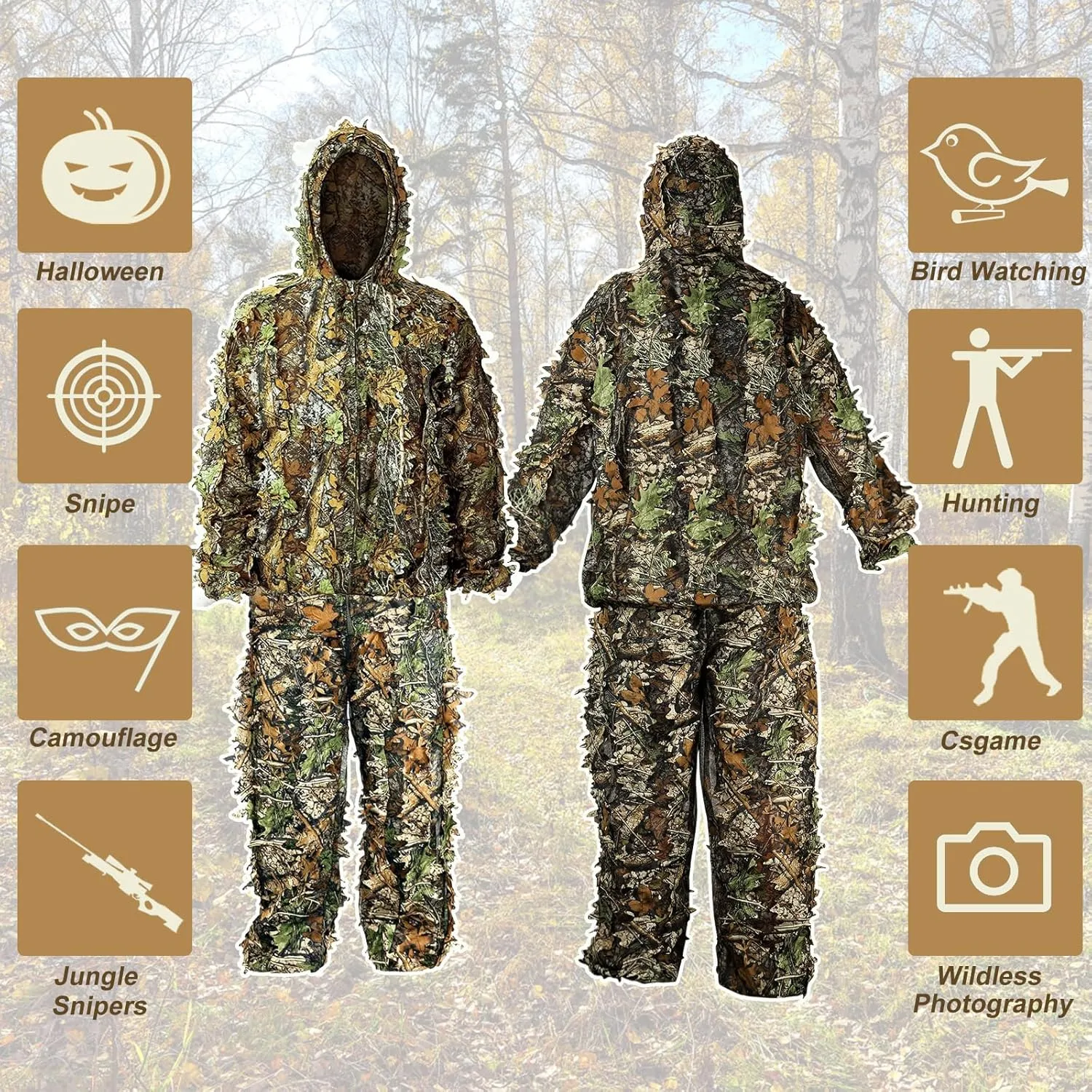 DoCred Ghillie Suit 3D Leafy Camo Hunting Suit, Leaf Camouflage Gilly for Men
