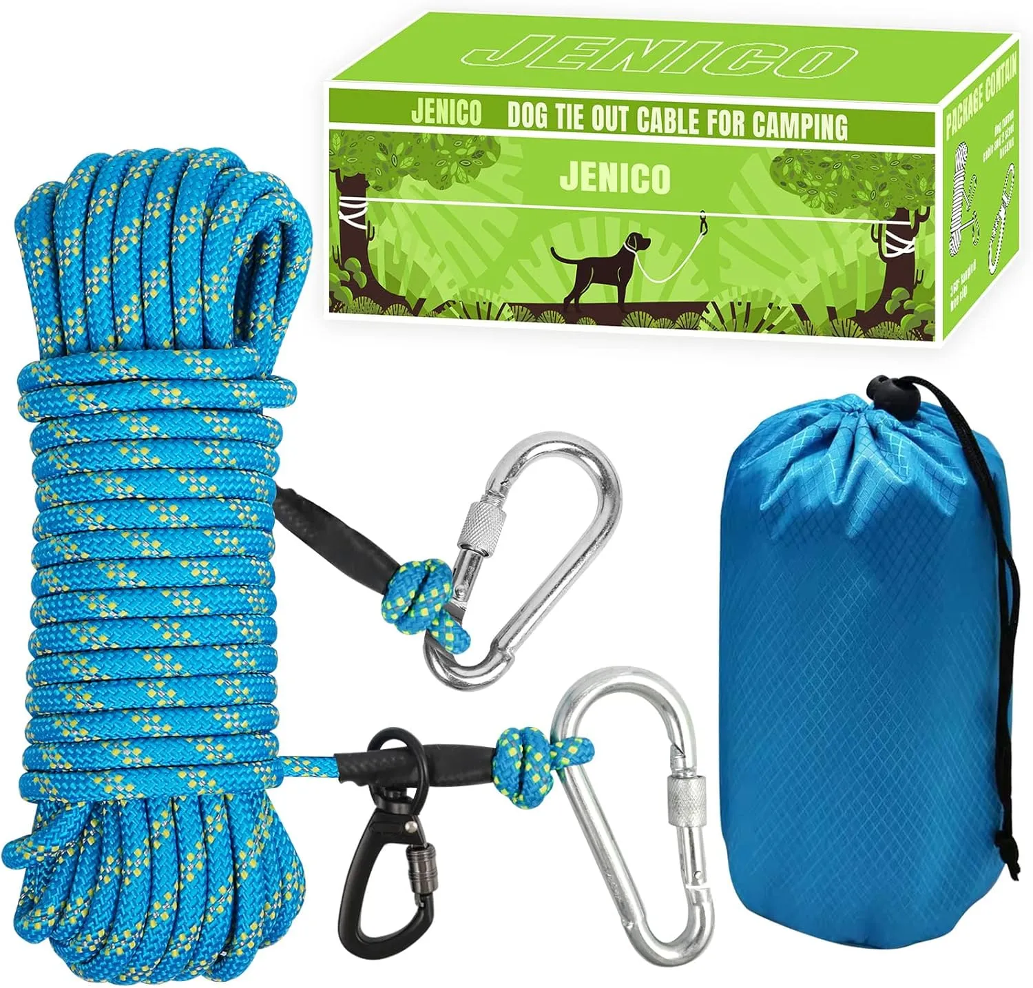 Dog Tie Out Cable for Camping - 50ft/70ft/100ft Portable Reflective Overhead Trolley System for Dogs up to 300lbs - Dog Lead for Yard Camping | Parks | Outdoor Events Blue