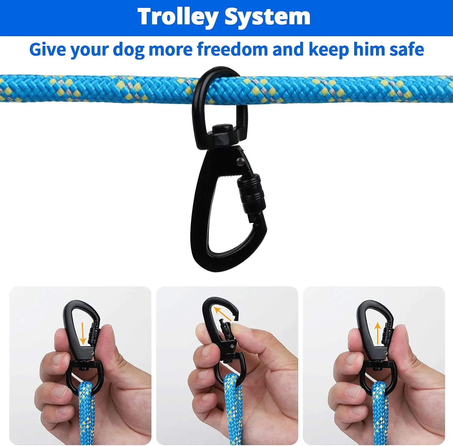 Dog Tie Out Cable for Camping - 50ft/70ft/100ft Portable Reflective Overhead Trolley System for Dogs up to 300lbs - Dog Lead for Yard Camping | Parks | Outdoor Events Blue
