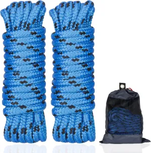 Double Braided Nylon Dock Lines Rope, 1/2 Inch x 15 FT Dock Line with 12 Inch Eyelet for Mooring Boats, Blue and Black (2 Pack)